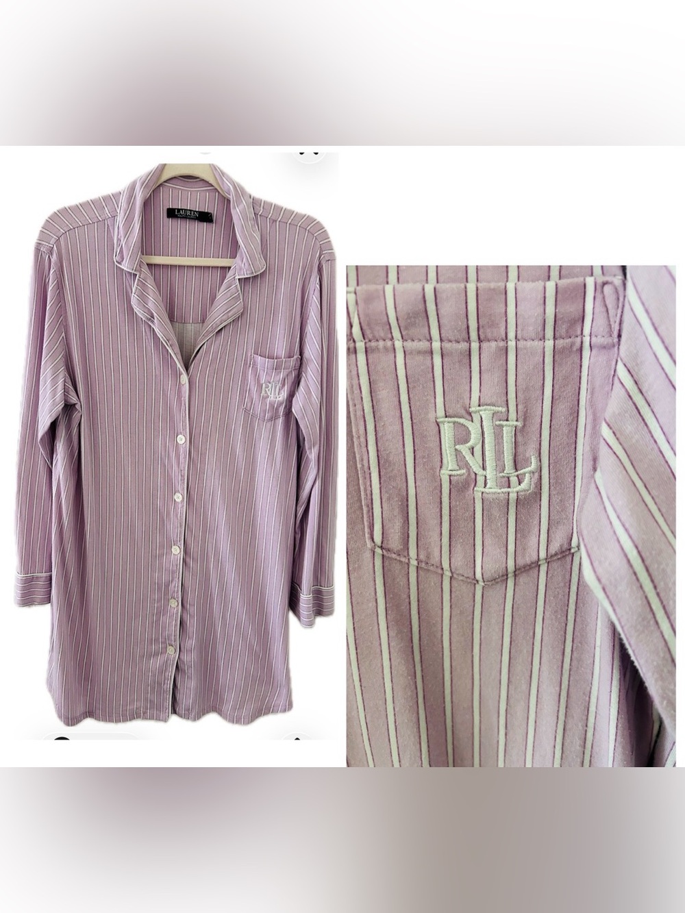 Lauren Ralph Lauren Lavender & White Striped Button-Front Sleep Shirt